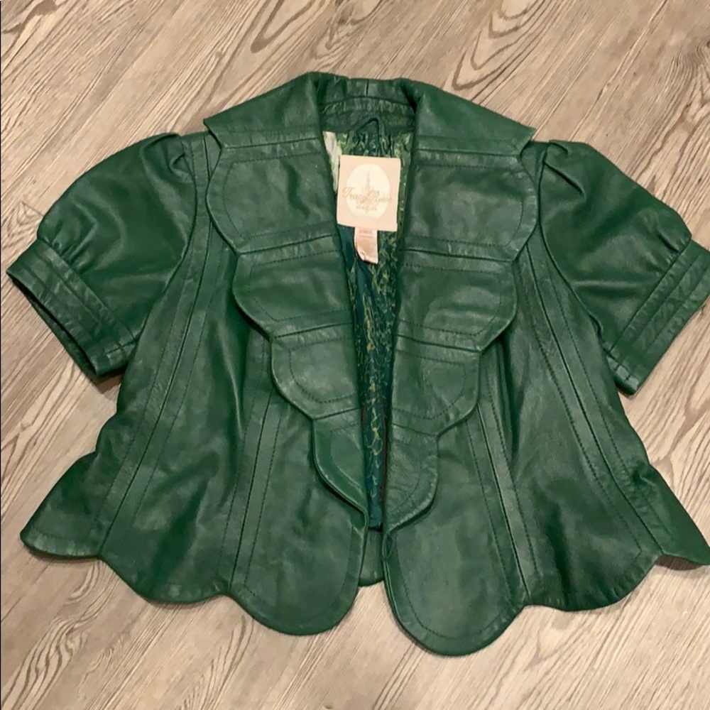 Tracy Reese crop green leather jacket